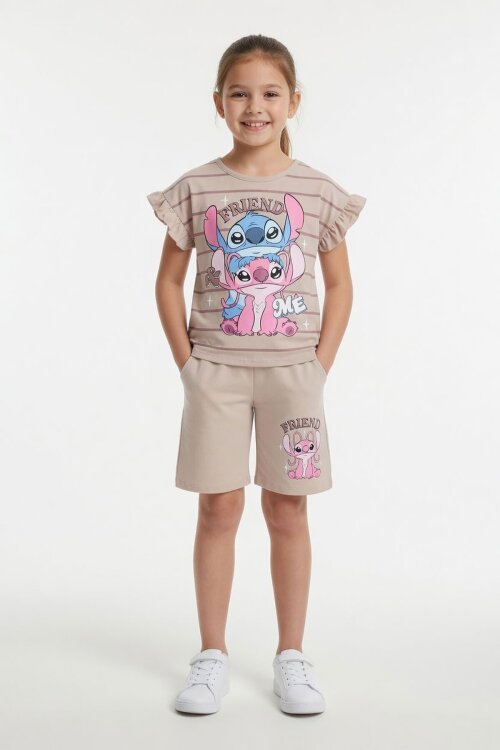 Bej Çizgili Karakter Baskılı Fırfırlı Kız Çocuk Şortlu 2li Takım  23956
