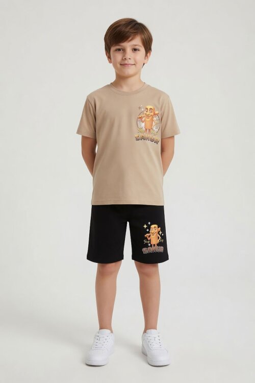 Bej Erkek Çocuk Bisiklet Yaka Tişörtlü Şortlu 2li Baskılı Takım 24001
