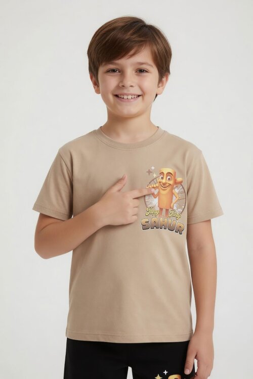 Bej Erkek Çocuk Bisiklet Yaka Tişörtlü Şortlu 2li Baskılı Takım 24001