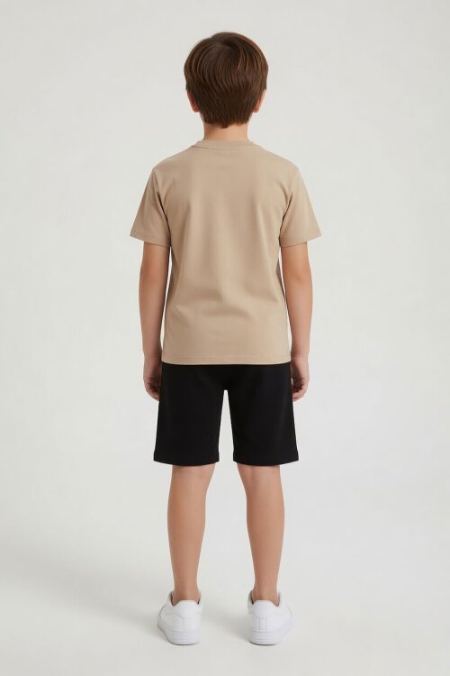 Bej Erkek Çocuk Bisiklet Yaka Tişörtlü Şortlu 2li Baskılı Takım 24001
