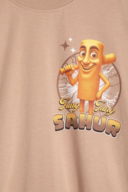 Bej Erkek Çocuk Bisiklet Yaka Tişörtlü Şortlu 2li Baskılı Takım 24001