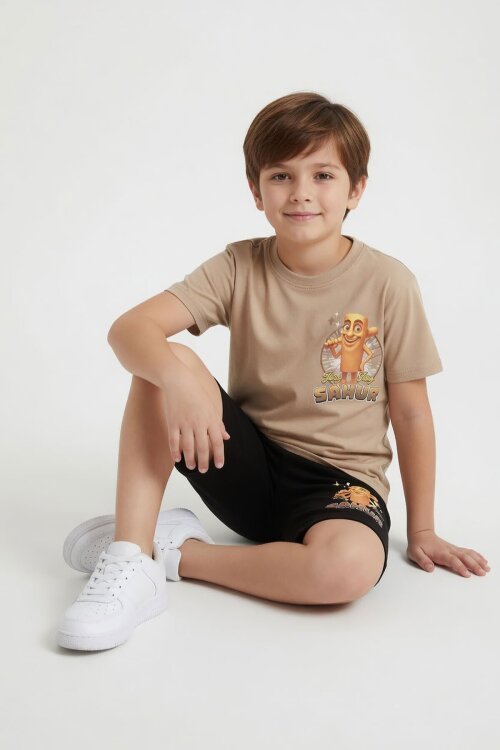 Bej Erkek Çocuk Bisiklet Yaka Tişörtlü Şortlu 2li Baskılı Takım 24001