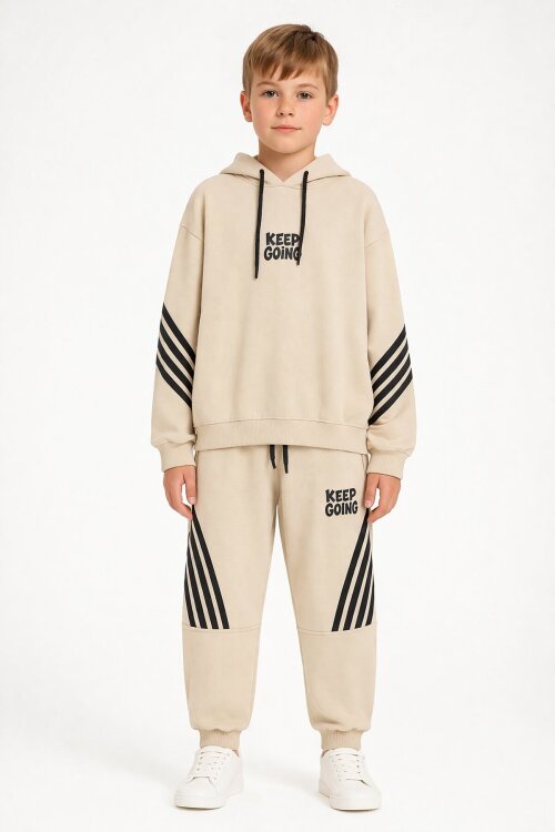 Bej Erkek Çocuk Keep Going Yazılı Şeritli Erkek Çocuk Kapüşonlu Eşofman Takımı 23420