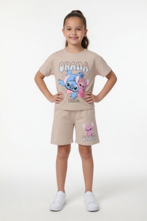 Bej Simli Karakter Baskılı Tişörtlü Kız Çocuk Şortlu 2li Takım 23919