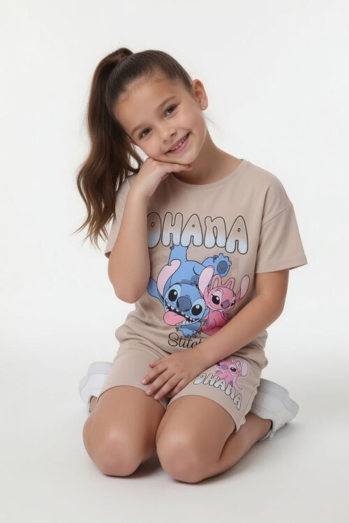 Bej Simli Karakter Baskılı Tişörtlü Kız Çocuk Şortlu 2li Takım 23919