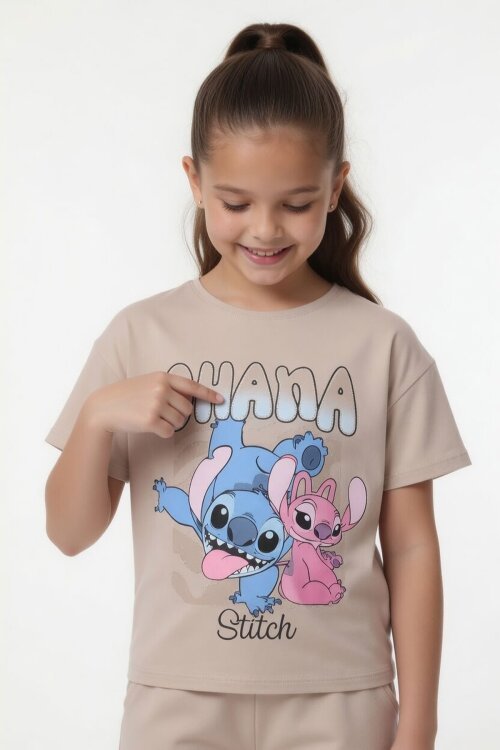 Bej Simli Karakter Baskılı Tişörtlü Kız Çocuk Şortlu 2li Takım 23919