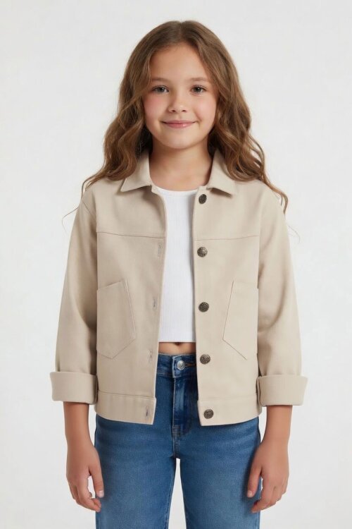 Bej Sırtı Düğme Detaylı Kız Çocuk Gabardin Ceket 24561