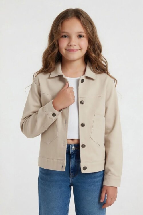 Bej Sırtı Düğme Detaylı Kız Çocuk Gabardin Ceket 24561