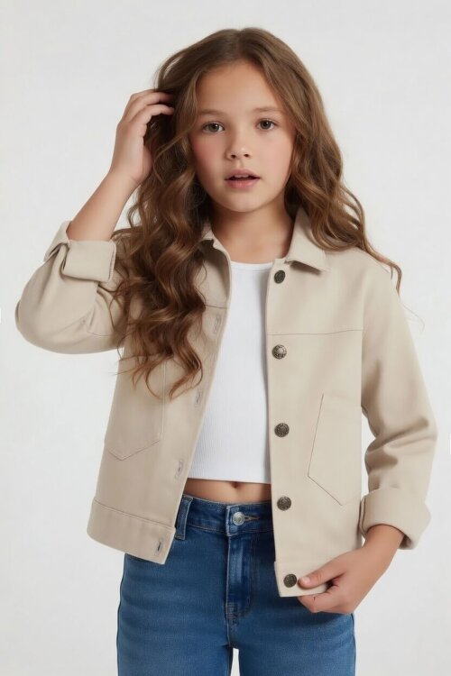 Bej Sırtı Düğme Detaylı Kız Çocuk Gabardin Ceket 24561