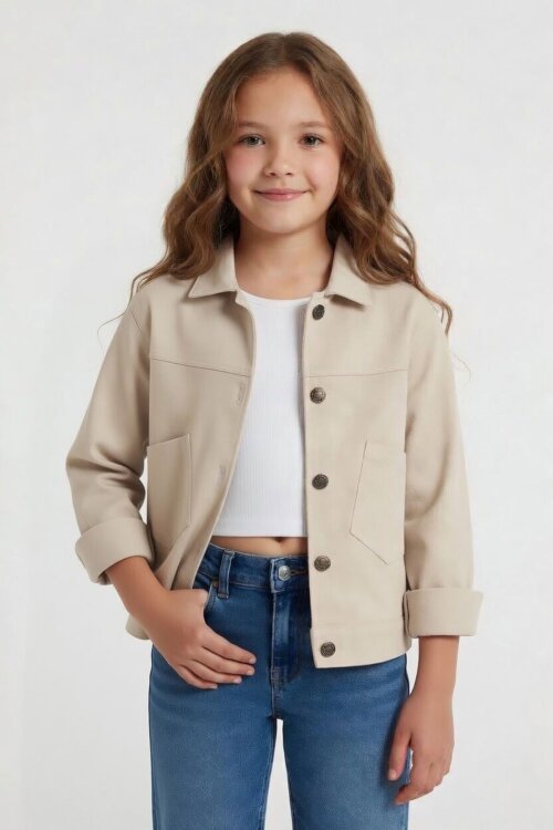 Bej Sırtı Düğme Detaylı Kız Çocuk Gabardin Ceket 24561