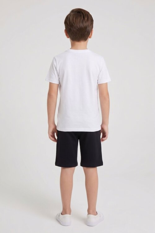 Beyaz Kabartmalı Yazılı Tişörtlü Desenli Şortlu Erkek Çocuk 2li Takım  23814