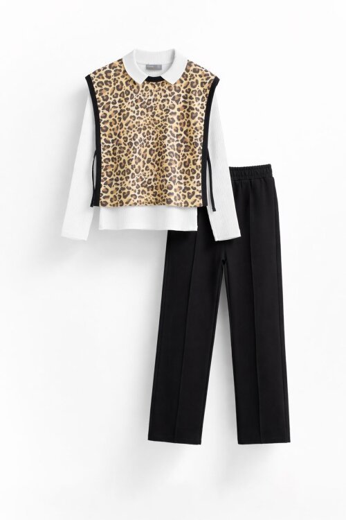 Beyaz Leopar Desenli Süveterli Badili Kız Çocuk Pantolonlu 3lü Takım 20690