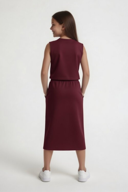 Bordo Sıfır Kol Crop ve Yırtmaç Detaylı Etekli Kız Çocuk Alt Üst Takım 24006