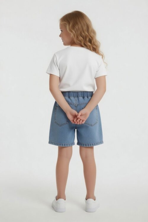Ekru Beautiful Yazılı Nakışlı Jean Şortlu Kız Çocuk 2li Takım 24061