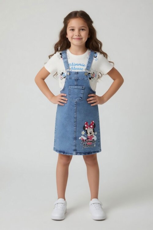 Ekru Çiçekli Minnie Desenli Badili Jean Salopetli Kız Çocuk Takım 24091