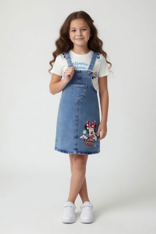Ekru Çiçekli Minnie Desenli Badili Jean Salopetli Kız Çocuk Takım 24091