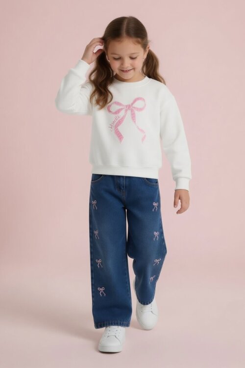 Ekru Fiyonk Nakışlı Sweatshirt Jean Pantolon Kız Çocuk Takım 24529