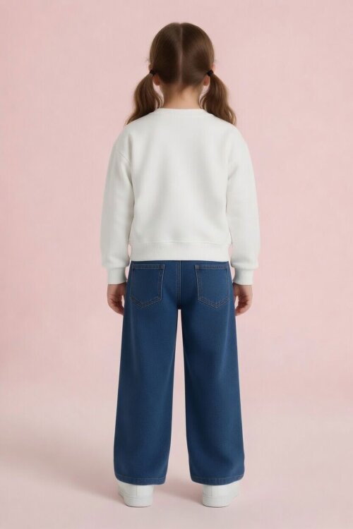 Ekru Fiyonk Nakışlı Sweatshirt Jean Pantolon Kız Çocuk Takım 24529