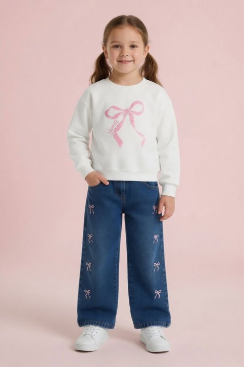 Ekru Fiyonk Nakışlı Sweatshirt Jean Pantolon Kız Çocuk Takım 24529