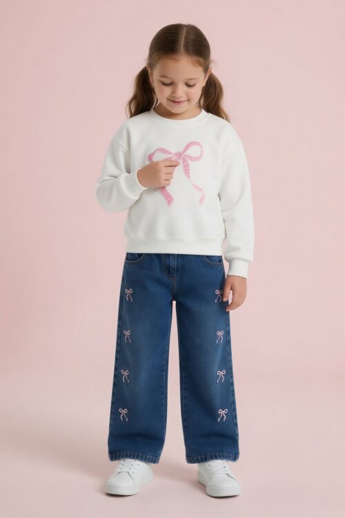 Ekru Fiyonk Nakışlı Sweatshirt Jean Pantolon Kız Çocuk Takım 24529