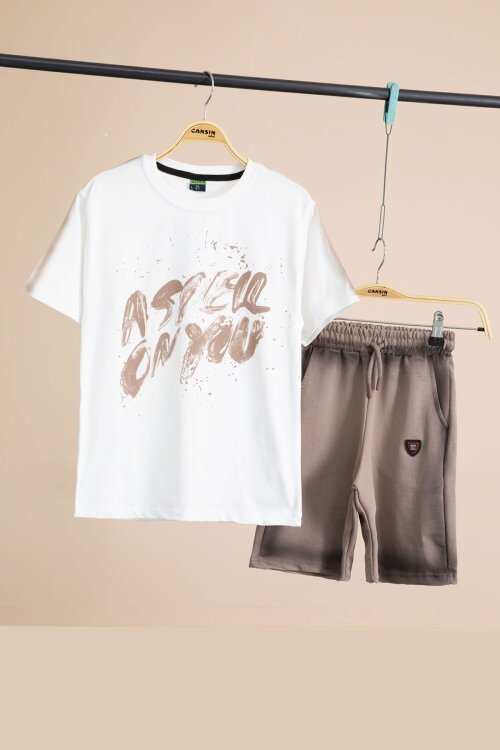 Ekru Grafiti Baskılı Tişörtlü Şortlu Erkek Çocuk 2li Takım  23775