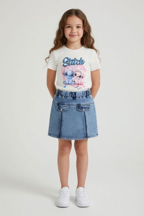 Ekru Kalpli Karakter Baskılı Badili Jean Etekli Kız Çocuk Takım 24099