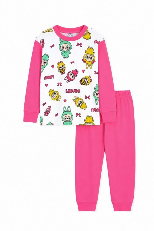 Ekru Karakter Desenli Yazılı Kız Çocuk Pijama Takımı 22768
