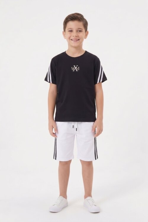 Ekru Logolu Tişörtlü Şerit Detaylı Şortlu Erkek Çocuk Takım 23813
