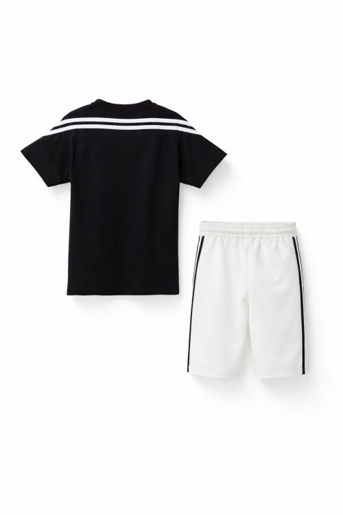 Ekru Logolu Tişörtlü Şerit Detaylı Şortlu Erkek Çocuk Takım 23813