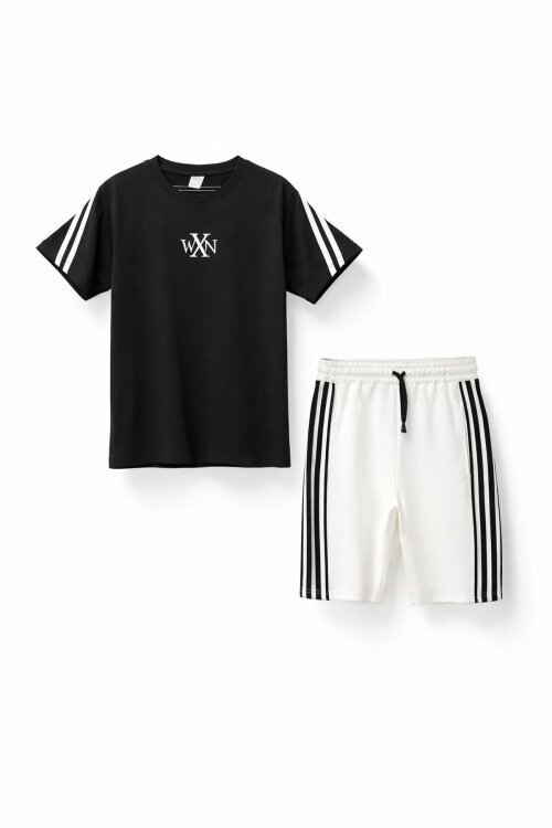 Ekru Logolu Tişörtlü Şerit Detaylı Şortlu Erkek Çocuk Takım 23813
