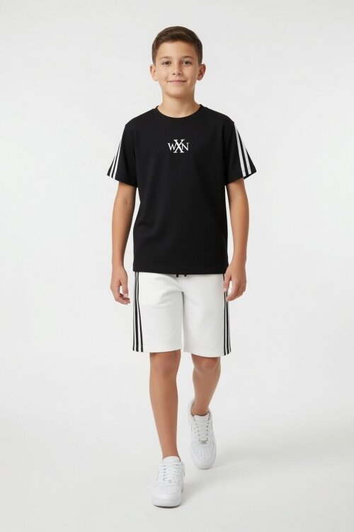 Ekru Logolu Tişörtlü Şerit Detaylı Şortlu Erkek Çocuk Takım 23813