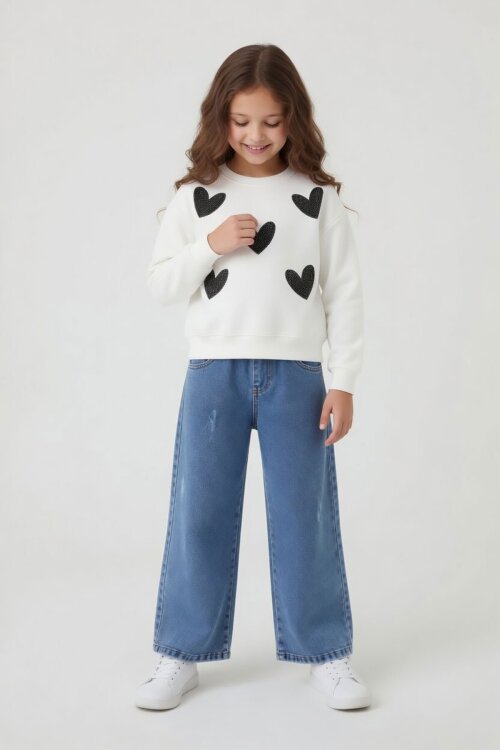 Ekru Payetli Kalp Desenli Badili Jean Pantolonlu Kız Çocuk 2li Takım 24148