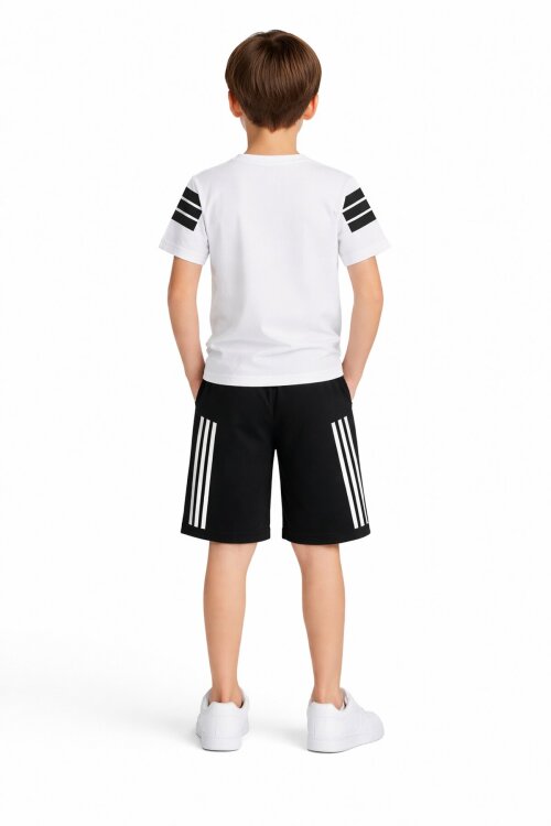 Ekru Şerit Detaylı Yazılı Tişörtlü Erkek Çocuk Şortlu Takım 23770