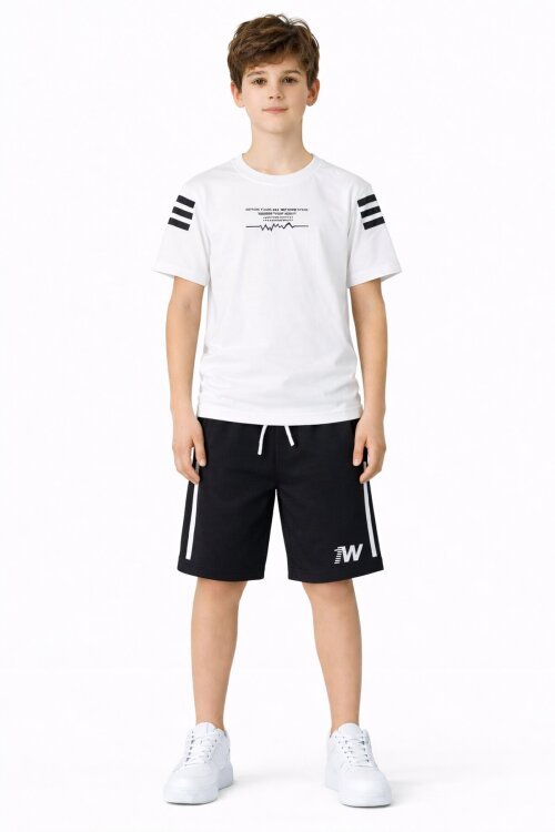 Ekru Şerit Detaylı Yazılı Tişörtlü Erkek Çocuk Şortlu Takım 23770
