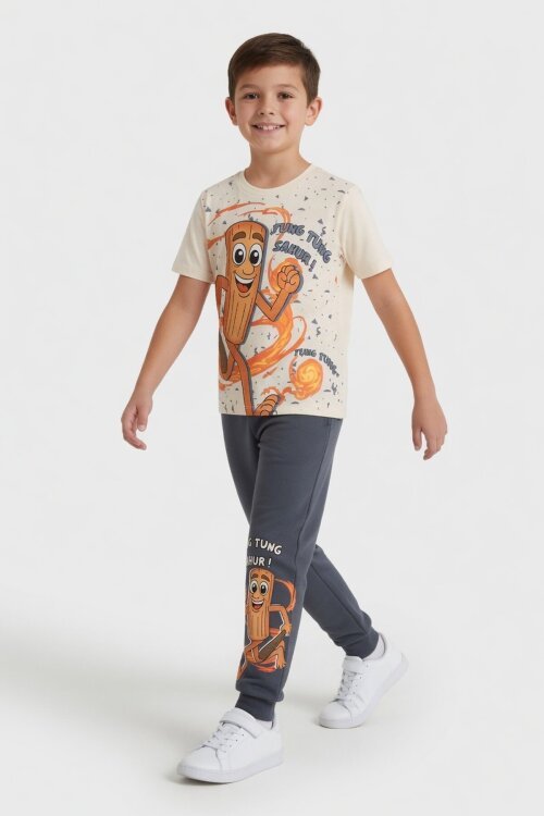 Füme Baskılı Bisiklet Yaka Tişörtlü Beli Lastikli Erkek Çocuk 2li Takım 23888