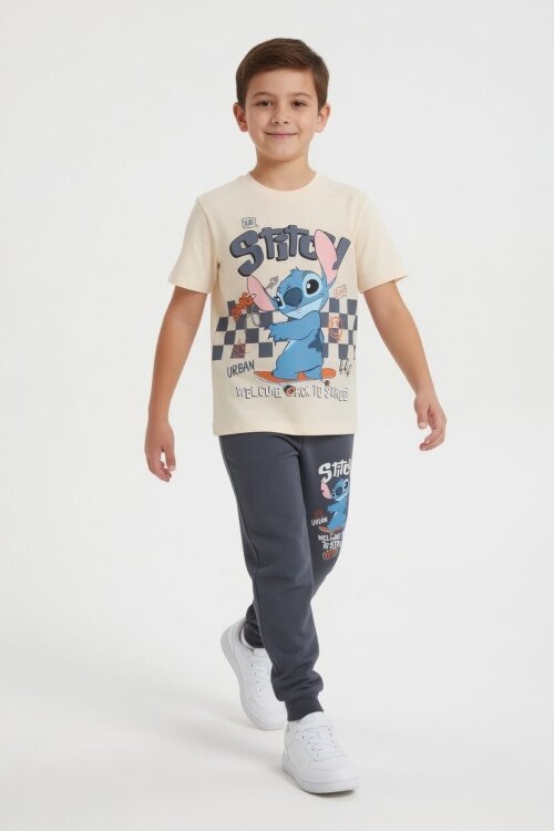 Füme Çizgi Karakter Baskılı Tişörtlü Erkek Çocuk Eşofman Takımı 23903