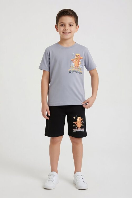 Füme Erkek Çocuk Bisiklet Yaka Tişörtlü Şortlu 2li Baskılı Takım 24003