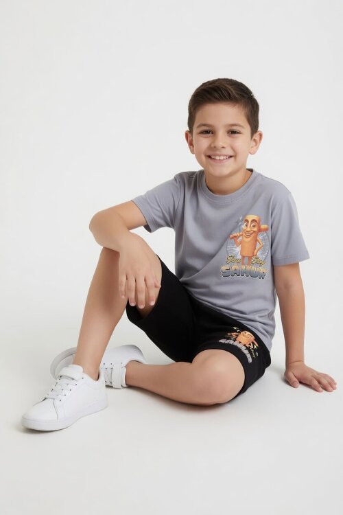 Füme Erkek Çocuk Bisiklet Yaka Tişörtlü Şortlu 2li Baskılı Takım 24003