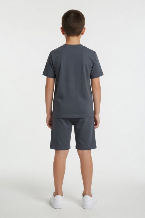 Füme Karakter Baskılı Bisiklet Yaka Tişörtlü Erkek Çocuk Şortlu Takım 23844