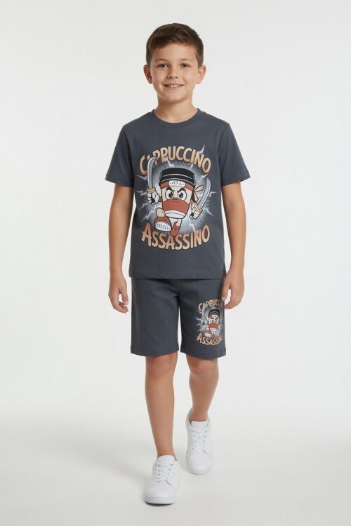Füme Karakter Baskılı Bisiklet Yaka Tişörtlü Erkek Çocuk Şortlu Takım 23844