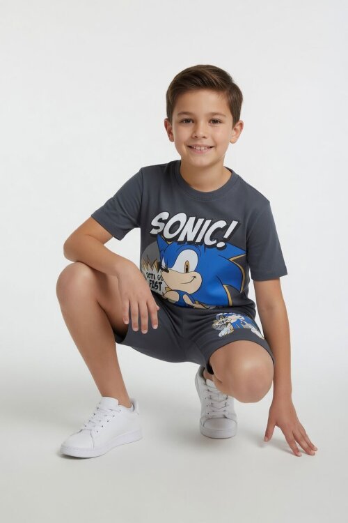 Füme Kirpi Sonic Baskılı Erkek Çocuk Tişörtlü Şortlu 2li Takım 23978