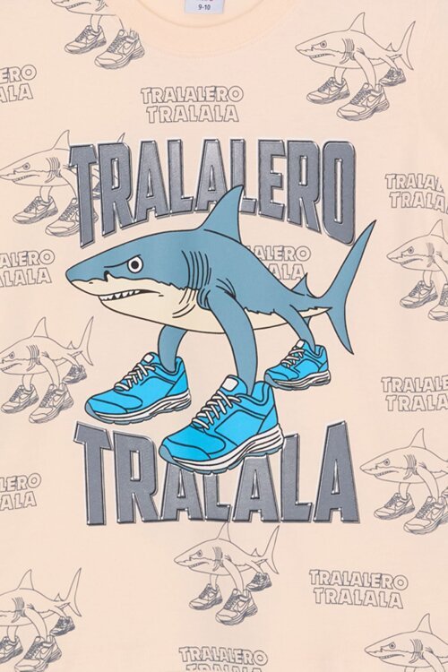 Füme KöpekBalığı Baskılı Bisiklet Yaka Erkek Çocuk Şortlu Takım 23840