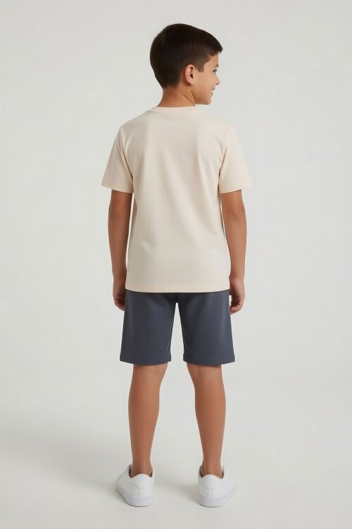 Füme Palmiye Desenli Çizgili Tişörtlü Erkek Çocuk Şortlu 2li Takım 23933