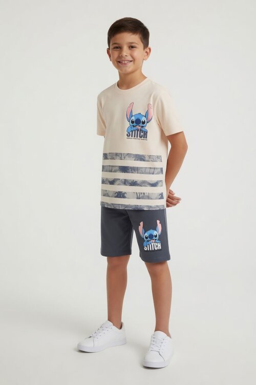 Füme Palmiye Desenli Çizgili Tişörtlü Erkek Çocuk Şortlu 2li Takım 23933