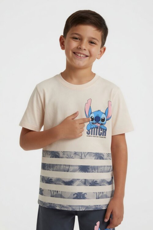 Füme Palmiye Desenli Çizgili Tişörtlü Erkek Çocuk Şortlu 2li Takım 23933