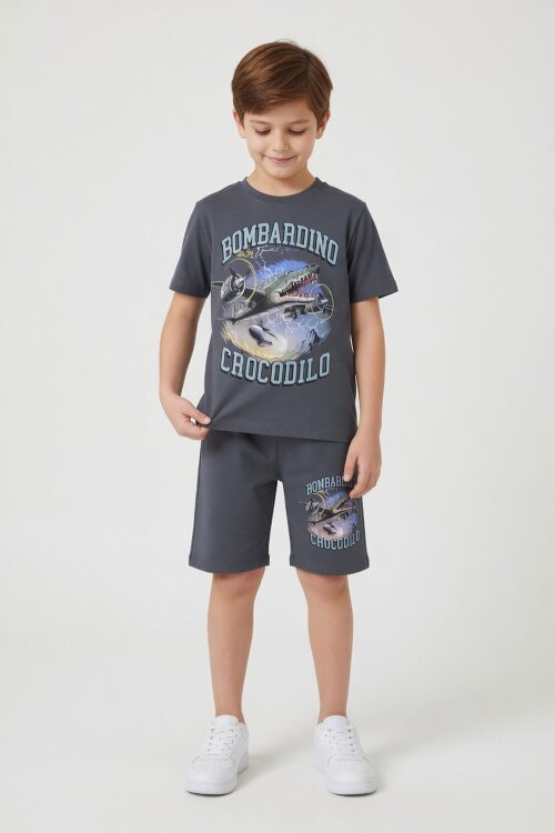Füme Uçak Baskılı Yazılı Tişörtlü Erkek Çocuk Şortlu 2li Takım 23923