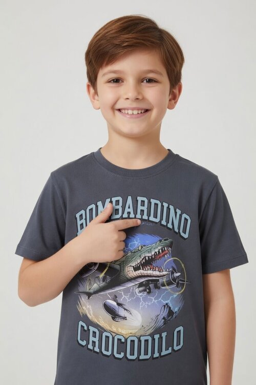 Füme Uçak Baskılı Yazılı Tişörtlü Erkek Çocuk Şortlu 2li Takım 23923