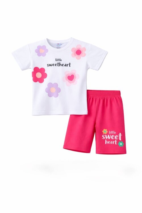 Fuşya Çiçek Desenli Tişörtlü Kız Çocuk Şortlu 2 Takım 23827