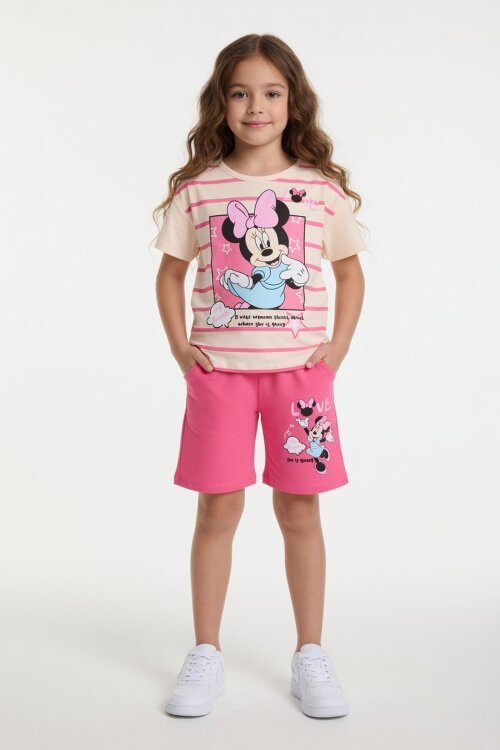 Fuşya Çizgi Desenli Karakter Baskılı Kız Çocuk Tişörtlü Şortlu Takım 23895