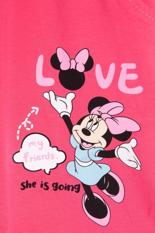 Fuşya Çizgi Desenli Karakter Baskılı Kız Çocuk Tişörtlü Şortlu Takım 23895